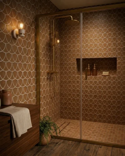 Elegancki prysznic wyłożony płytkami Terracreta FORMA VITREA CHAMOTTE 20x20 J080 o wzorze rybiej łuski, z mosiężną armaturą i ciepłym oświetleniem.