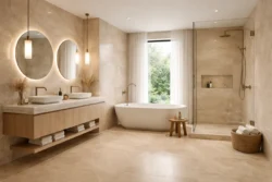 Nowoczesna beżowa ciepła łazienka z płytkami na podłodze i ścianie - CERDOMUS Pulpis Beige 60x120