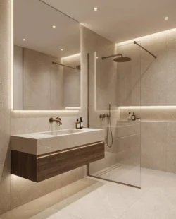 Aranzacja łazienki w szarobeżowym gresie PIEMONTE SAND 60x120cm z efektem kamienia, szklaną ścianką prysznicową i oświetleniem LED