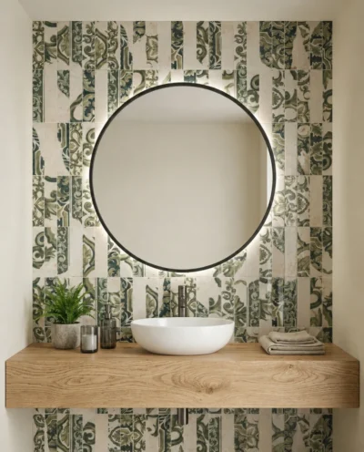 Styl boho w łazience: drewniany blat i wzorzyste kafelki Marca Corona Miniature Fregio Verde Maiolica 6x24 | Aranżacje