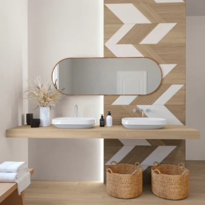 Nowoczesna łazienka w stylu Japandi i Scandi z drewnianym blatem, dekoracyjną ścianą geometryczną z płytek AB Iria Nordikwood Pearl 60x120