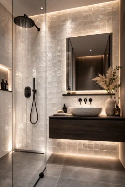 Nowoczesna strefa prysznicowa i umywalkowa z białymi, błyszczącymi płytkami RIAD WHITE 10x10cm o nierównej powierzchni. Na ścianie czarny prysznic deszczownica, obok ciemna drewniana szafka z kamienną umywalką nablatową i duże podświetlane lustro.