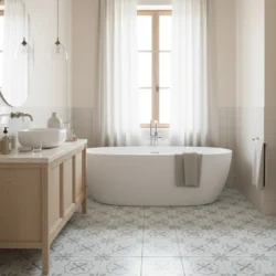 Łazienka w stylu nowoczesnym z wyraźnymi wpływami skandynawskimi. Na podłodze płytki Harmony SIROCCO BLUE CROSS 22,3x22,3cm