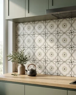 Płytki kuchenne ze wzorem marokańskim pomiędzy meblami - Harmony TANGER SAND FLOWER 12,3x12,3cm