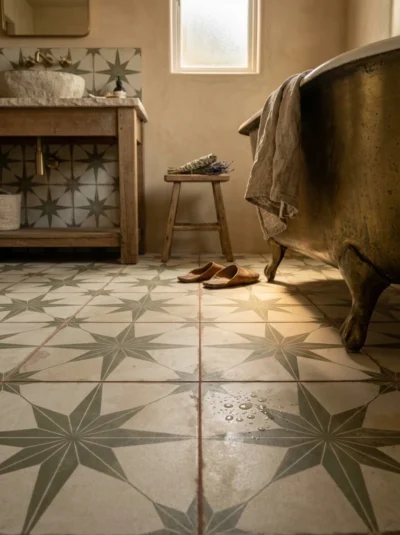 Płytki podłogowe Peronda FS Star Sage 45x45 cm ze wzorem gwiazdy w aranżacji rustykalnej łazienki z miedzianą wanną