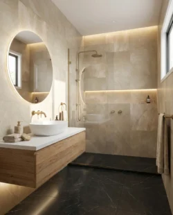 Projekt łazienki Modern Stone z beżowymi płytkami na ścianie CERDOMUS Pulpis Beige 60x120