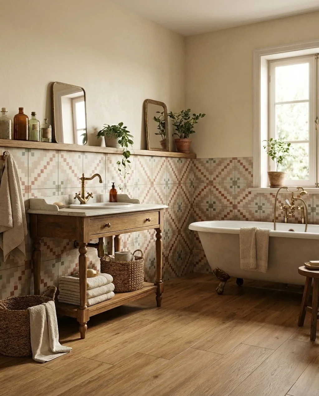 Przytulna łazienka w stylu retro z wzorzystymi płytkami Peronda FS Ruzafa 22,3x22,3cm na ścianie, wolnostojącą wanną, drewnianą szafką pod umywalkę oraz podłogą imitującą naturalne drewno w ciepłym odcieniu.