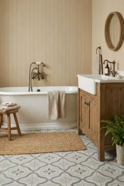 Rustykalna łazienka w stylu modern farmhouse z vintage’owymi detalami oraz wzorzystą podłogą z płytek Harmony Sirocco Green Petals 22,3x22,3