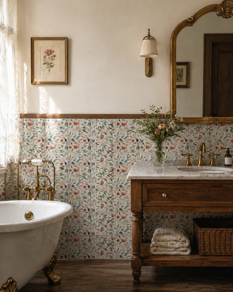 Łazienka w stylu angielskim, vintage z płytkami w kwiaty Harmony Mayolica Garden 15X15 na ścianie.