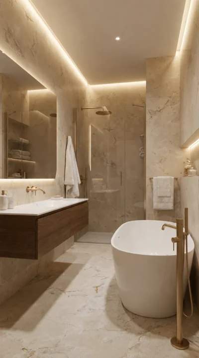 Elegancka łazienka z wanną wolnostojącą i płytkami Cerdomus Karnis Ivory Matt 60x120 w odcieniu jasnego beżu
