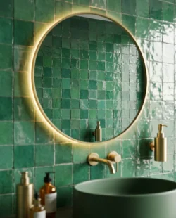 Umywalka łazienkowa i okrągłe lustro na tle błyszczących, zielonych płytek Harmony RIAD GREEN 10x10cm