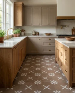 Kuchnia w stylu modern rustic, brązowe płytki z błyszczącym, białym wzorem na podłodze - Harmony PANGEA Chocolate Flower LT 22,3x22,3