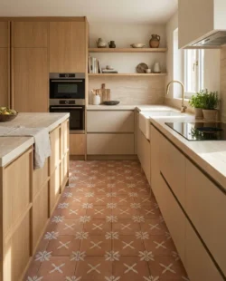 Przytulna kuchnia w odcieniu ciepłej terakoty. Płytki Pangea Clay Flower na podłodze, idealny miks rzemiosła i nowoczesnego stylu Organic Modern.