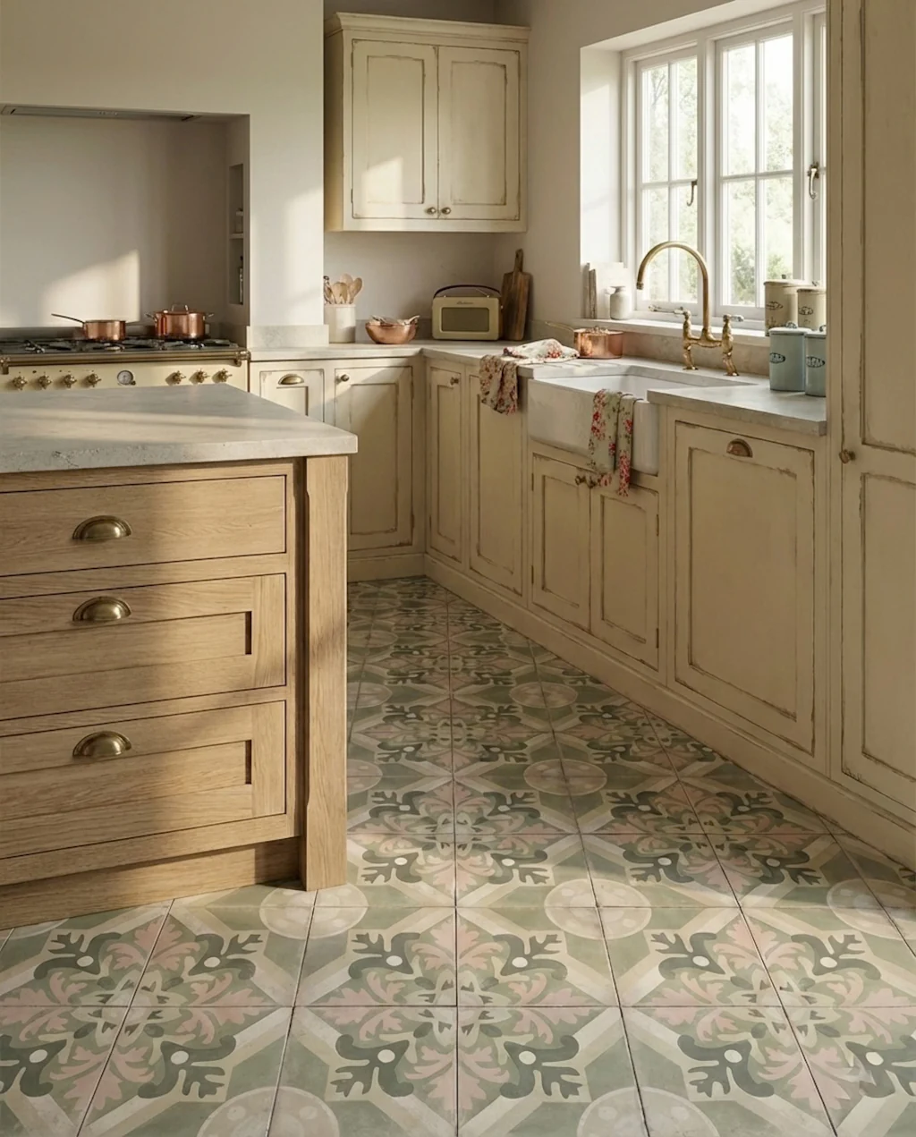 Kuchnia w przytulnym stylu Organic Modern. Drewniana wyspa i beżowe szafki oraz płytki podłogowe Peronda FS 1827 Sage