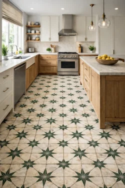 Jasna kuchnia w stylu modern classic z wyrazistą, gwiaździstą podłogą. Połączenie naturalnego drewna, ciepłej bieli i subtelnych retro akcentów tworzy eleganckie, ponadczasowe wnętrze inspirowane południem Europy.