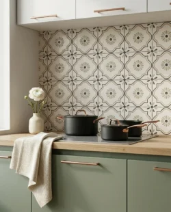 Płytki kuchenne pomiędzy meblami ze wzorem marokańskim - Harmony TANGER SAND FLOWER 12,3x12,3cm. Styl skandynawski.