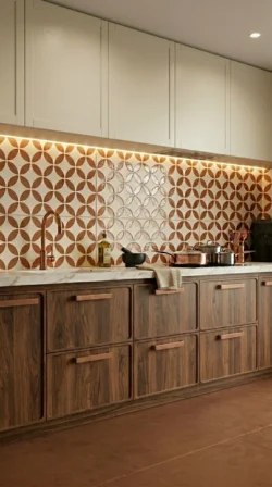 Płytki kuchenne pomiędzy szafkami - Harmony Mayari Clay Petals 22,3x22,3cm. Kafelki z matową powierzchnią i brązowym, błyszczącym wzorem