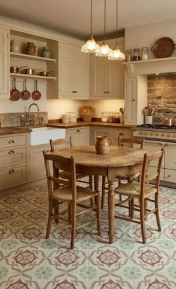 Płytki we wzory w kuchni retro na podłodze