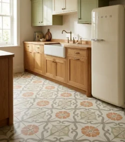 Płytki we wzory Harmony SOROA Green 22,3x22,3cm na podłodze w kuchni, aranżacja. Kuchnia retro inspirowana latami 50-60