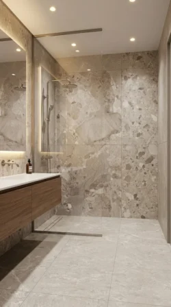 Łazienka z płytkami imitującymi kamień na ścianie i podłodze - Vitacer Dozza 60x120cm