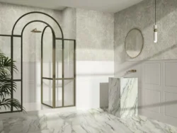 Łazienka z białą płytką boazeryjną na ścianie Ape Duomo Bianco Rect 60x120