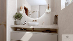 Łazienka z płytkami NOVABELL Deepstone 3D Peak Sand Rettificato 60X120 na ścianie