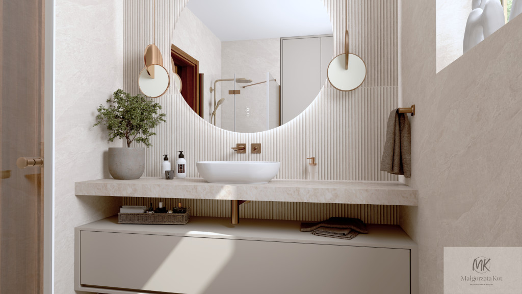 Łazienka z płytkami NOVABELL Deepstone 3D Peak Sand Rettificato 60X120 na ścianie