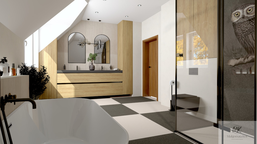 Nowoczesna łazienka z płytkami NOVABELL Deepstone 3D Peak Sand Rettificato 60x120 na ścianie