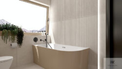 Płytki trójwymiarowe, beżowe w łazience na ścianie - NOVABELL Deepstone 3D Peak Sand Rettificato 60x120