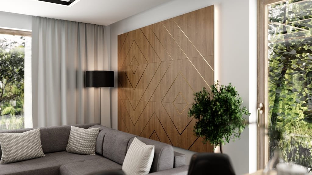 Dekoracyjne panele drewniane w salonie. Panele z mosiężnymi listwami na ścianę.