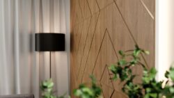 Drewniane panele ścienne - salon. Panele posiadają listwy mosiężne satynowane. Dekoracja do salonu na ścianę.