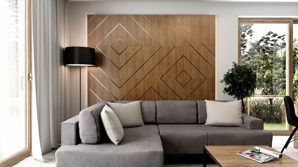 Panele drewniane na ścianę w salon za kanapą. Panel dekoracyjny z mosiądzem satynowanym zabezpieczone lakierem bezbarwnym. Panele doskonałe do salonu, jadalni lub jako ściana telewizyjna.