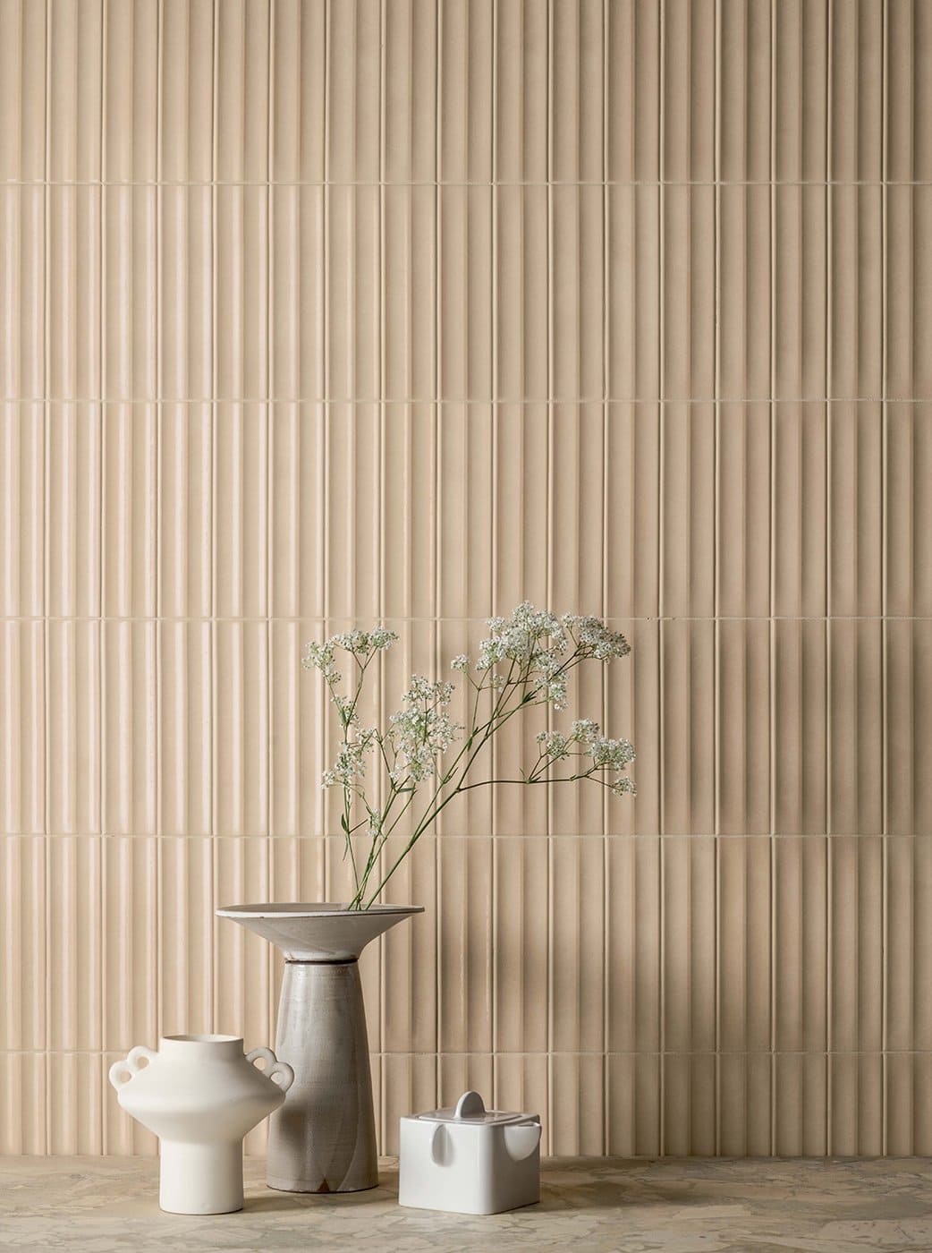 Płytki 3d cegiełki gresowe lamele ścienne beżowe Marca Corona Miniature Rima Mandorla 6X24 K052