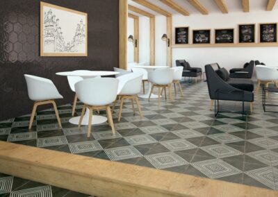 Płytki podłogowe czarno-białe wzory - Peronda Fs ROMBOS-N 45×45 cm. Płytki na podłodze w restauracji. Kafelki w czarno - białe romby.