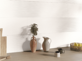 Płytki ozdobne na ścianę - Peronda Harmony MARE 32x90 cm. Biała ściana z płytkami we wzory, które przenikają się tworząc ciekawy efekt dekoracyjny.