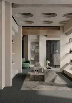 Płytki ciemnoszare 20x20cm, błyszczące, kamieniopodobne na ścianie w sklepie - Marca Corona Terrasale NERO LACCA 20x20 K255