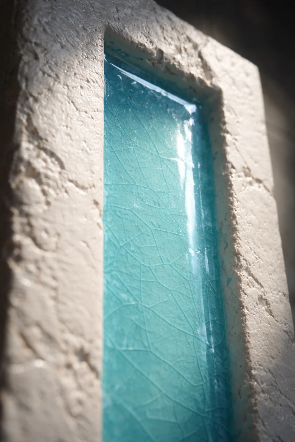 Dekor ceramiczny Natucer SUNRISE-W BLU 8x27, błyszczący turkus, krakelura i matowa postarzana, biała ramka.