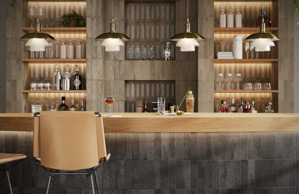 Marca Corona Miniature Fornace Formella Bruno Bistro 6x24 J422 płytki ceglane szarobeżowe ścienne