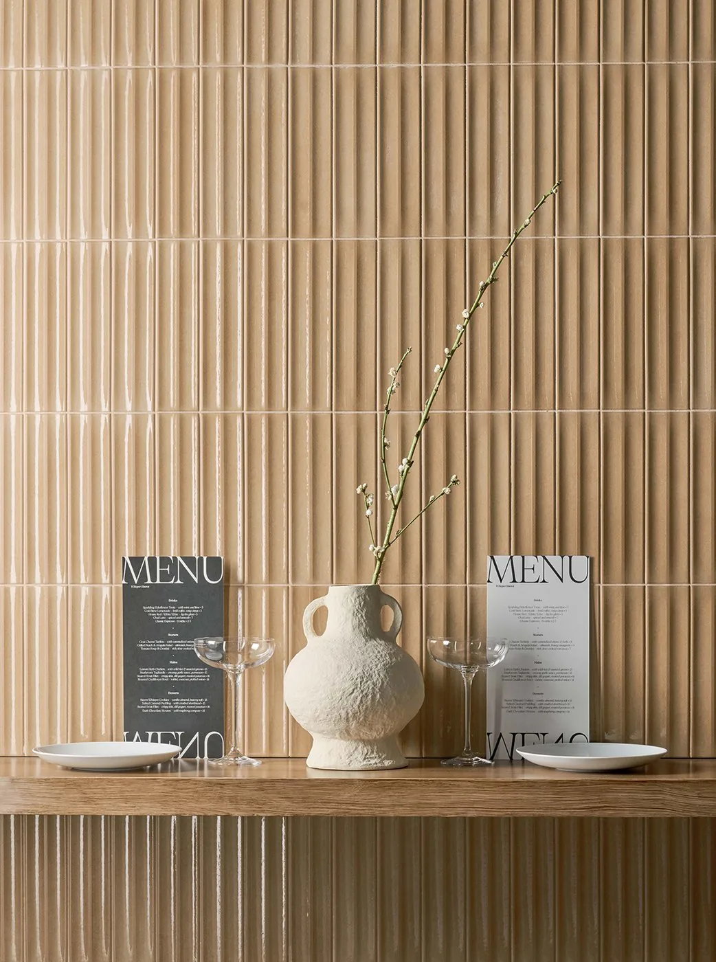 Płytki 3d, cegiełki gresowe, na ścianę, kolor: karmelowy beż - Marca Corona Miniature Rima Caramello 6x24 K053