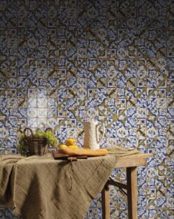 Kafelki kuchenne, retro - Peronda FS AMALFI LT 33x33cm. Rustykalne płytki ścienne z pięknym wzorem w kolorze: żółtym, niebieskim, zielonym (motyw roślinny).