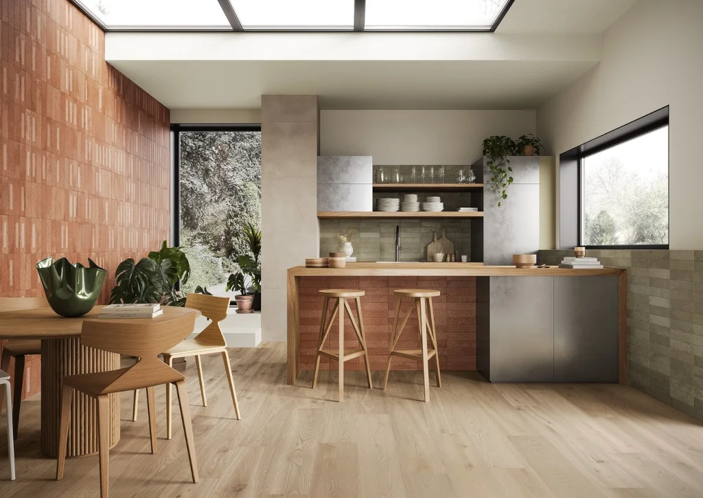 Płytki cegiełki ścienne w kolorze terakoty 6x24cm w kuchni - Marca Corona Miniature Formella Rosso Mattone 6x24 J421