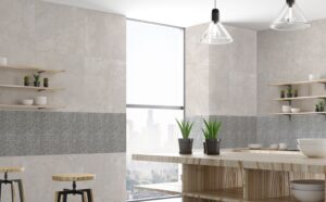 Płytki do kuchni imitacja betonu - Absolut Keramika Nusa Pearl 80×80. Kuchnia z płytkami na ścianie imitującymi beton - cement w formacie 80x80 cm.