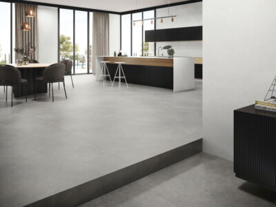 Płytki imitujące beton w kuchni - CIFRE Nexus white 60x120 cm. Hiszpańskie płytki gresowe z efektem betonu.