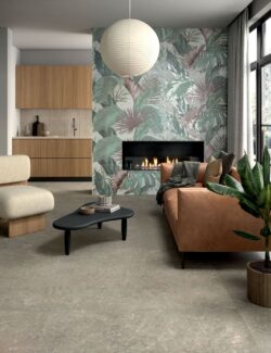 Płytki kuchenne 3d - Marca Corona Terracreta RILIEVO ARGILLA 20x20 cm. Szare kafelki pomiędzy meblami w kuchni.