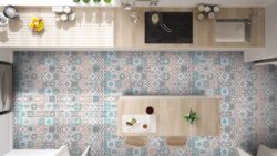 Płytki patchworkowe podłogowe kuchnia - Absolut Keramika Tuvalu 15x90cm. Widok z góry na podłogę i meble kuchenne