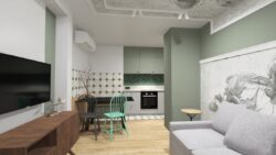 Płytki szachownica kuchnia - Peronda Fs Yard sage 45x45. Płytki z geometrycznym, biało– szałwiowym wzorem, szachownicą na podłogę i ścianę.