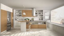 Płyty marmurowe do kuchni - Absolut Keramika Marshall Calacata 15X90 cm. Kuchnia z marmurowymi płytkami na podłodze i ścianie.