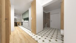 Podłoga w szachownice w kuchni - Peronda Fs Yard sage 45x45. Hiszpańskie płytki retro w kolorze szałwiowej zieleni.