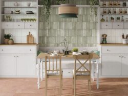 Zielone kafelki do kuchni - Peronda Harmony Lagoon Green 6x24,6 cm. Kafelki kuchenne w macie z przetarciami.