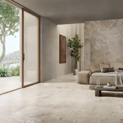 Włoskie gresy na podłodze w salonie Cerdomus Karnis Sand Matt 60x120